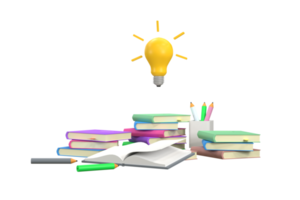 3d. uma pilha de livros, lápis, aprendizagem indica uma história educativa e uma lâmpada representa uma ideia, aprendizagem. png