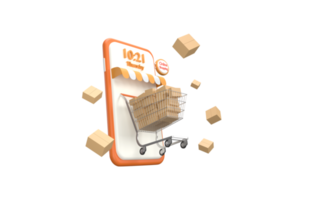 3D. supermarket cart mobile phone online shopping fast delivery service png