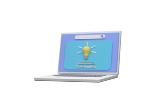 3D. A laptop downloading creativity different from others with a light bulb as a symbol. png