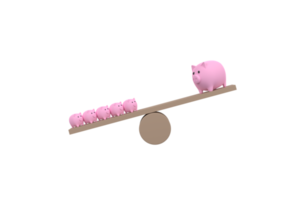 3d. Sparschwein auf Holzwippe aus dem Gleichgewicht. Sparkonzept png