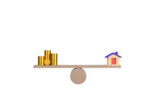 3D. home and money coins stack on wood scale. Property investment and house mortgage financial real estate concept png