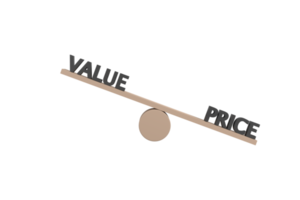 3D. words value and price on wooden seesaw unbalancing on white background png