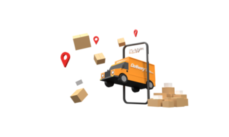 3D. A delivery truck coming out of a mobile phone. Ready to ship spreed Online shopping, delivery. png