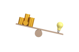 3d. la pile de pièces compare l'idée de l'ampoule sur la bascule à l'échelle du bois. la pièce d'or d'argent compare le déséquilibre avec le concept de connaissance.