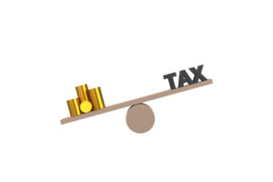 3d. dinero dorado e impuesto de bloque de cubo de madera en balancín para 3d. desequilibrio de ganancias o ingresos y deducción de impuestos del gobierno. png