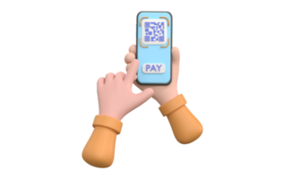 3d. ícone de digitalização de código qr no smartphone. mão segurando o celular, scanner de código de barras para pagamento.