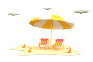 3D. Beach umbrella with beach chairs on pastel colors background. png