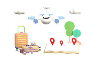 3D. airplane travel tourism plane trip planning world tour luggage with pin location suitcase and map png