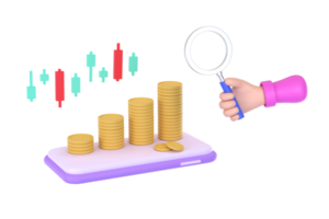 3D. hand holding magnifying glass and coins, graph on a mobile phone concept of financial management png