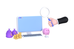 3D. hand holding magnifying glass and computer, a piggy bank and a pile of coins png