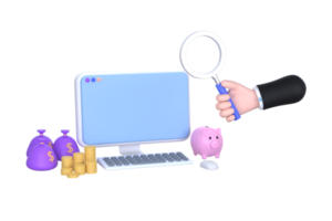 3d. Hand mit Lupe und Computer, ein Sparschwein und ein Haufen Münzen png