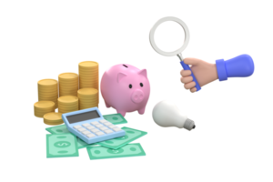 3D. hand holding magnifying glass and piggy bank, coins, banknotes and calculator. business saving. png