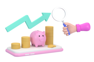 3d. mano que sostiene la lupa y la hucha, las monedas y el concepto gráfico de la gestión financiera empresarial png