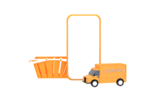 maquetas de camiones de reparto, cestas y teléfonos móviles. concepto de entrega de compras en línea. png