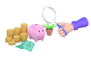 hand holding magnifying glass and piggy bank, coins and banknotes for symbol business saving. png