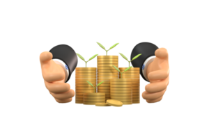 tree growing from pile of coins. Concept of money plant growing from coins in hand png