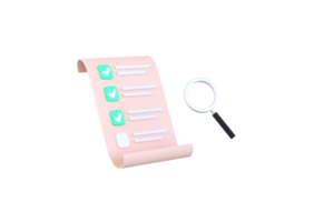 Hand holding checklist paper and hand holding magnifying glass. paper with check marks, tick icons. png