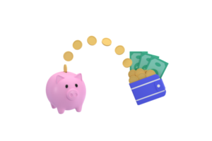 3d. monedas y billetes y huchas. concepto de ahorro y gasto de dinero png