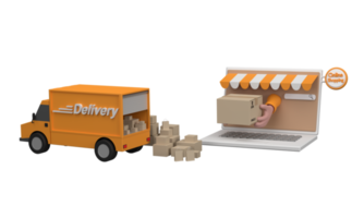 3d. conceito de e-commerce, compras on-line e serviço de entrega no aplicativo de computador. png