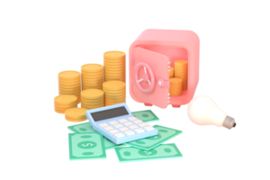 3D. Safe, coins, banknotes and calculator. business saving. png