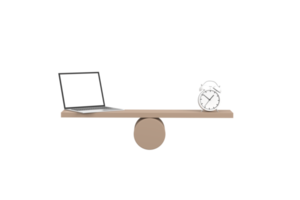 3d. notion de gestion d'entreprise. ordinateur portable et horloge sur balançoire en bois en équilibre sur fond blanc png
