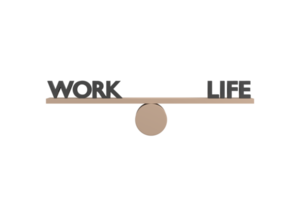 3d. Palabras trabajo y vida en equilibrio de balancín de madera sobre fondo blanco. png