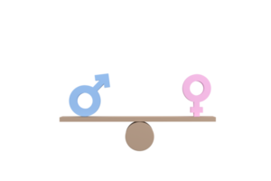 3d. conceito de igualdade de gênero. símbolos de gênero equilibrando na gangorra de madeira. png