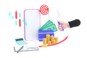 3D. hand holding magnifying glass and mobile phones with piles of coins and calculator, Stock chart. png