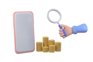 hand holding magnifying glass and smartphone, coins and credit card. finance concept. png