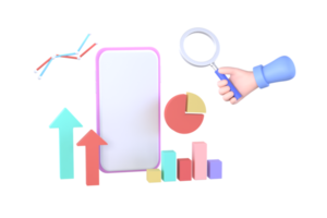 main tenant la loupe et le smartphone et le graphique pour l'analyse financière. notion d'entreprise png