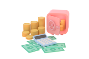 3D. Safe, coins, banknotes and calculator for symbol business saving. png