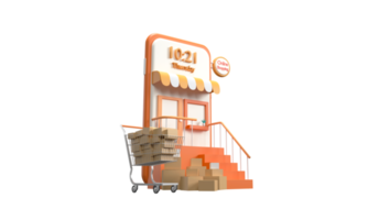 3D. Concept of online shopping with a mobile phone with a cart in the supermarket and parcel box as a component png