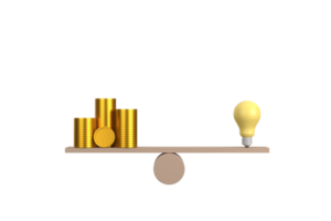 3d. pilha de moedas comparar ideia de lâmpada na gangorra de escala de madeira. moeda de ouro de dinheiro compara o equilíbrio com o conceito de conhecimento. png