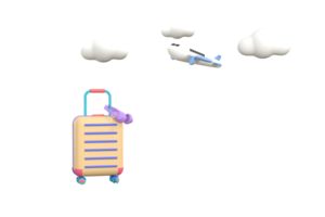3d. modelo de avión con maleta y auriculares. viaje de concepto. png