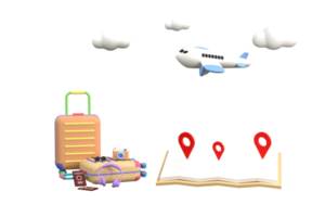 3d. flugzeugreisetourismus flugzeugreiseplanung welttourneegepäck mit pin-standortkoffer und karte png