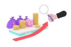 3D. Hand holding magnifying glass and piggy bank, coins, money bag, concept of financial management png