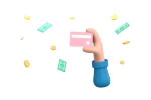 Cartoon Hand holding credit cards and coins bank note background png