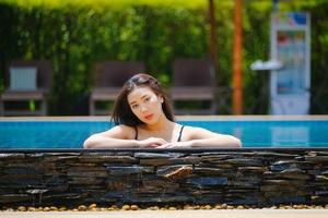 Beautiful southeast asia woman in pool relaxing. photo