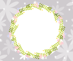 feuilles vintage de printemps avec cadre de fleurs de marguerite sur fond blanc et gris, couronne verte avec des fleurs sauvages pastel pour bannière de printemps ou d'été dans un cadre rond, fond d'invitation png