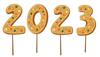 Gingerbread cookie numerals on sticks with phrase 2023. Sweet biscuit in new year message. Christmas sweets. Hand drawn vector illustrations isolated on the white background.