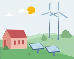 Solar panels. Green energy, urban landscape, ecology. Landscape with a house, solar panels and windmills. Vector illustration isolated on the white background.