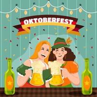 dos mujeres beben cerveza en la celebración del oktoberfest vector