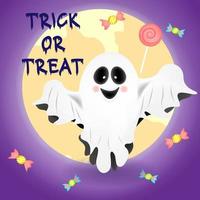 Halloween 3D ghost with cute face and candy, vector illustration