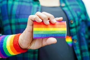 Asian woman with rainbow flag, LGBT symbol rights and gender equality, LGBT Pride Month in June. photo