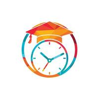 diseño del logotipo del vector de tiempo de estudio. sombrero de graduación con diseño de icono de reloj.