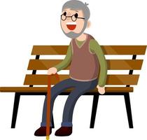 Grandfather sit on bench. Old man with cane. Rest and lifestyle of funny senior. Element of Park. Concept of old age. vector