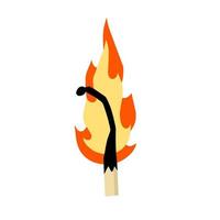 Burning match. Flaming stick for ignition. Flat cartoon vector