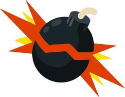 Flat black round bomb with rope wick isolated on white. Army weapon and ammunition armament. Explosive dynamite. Terrorism threat. Defense and attack. Vector cartoon danger object illustration