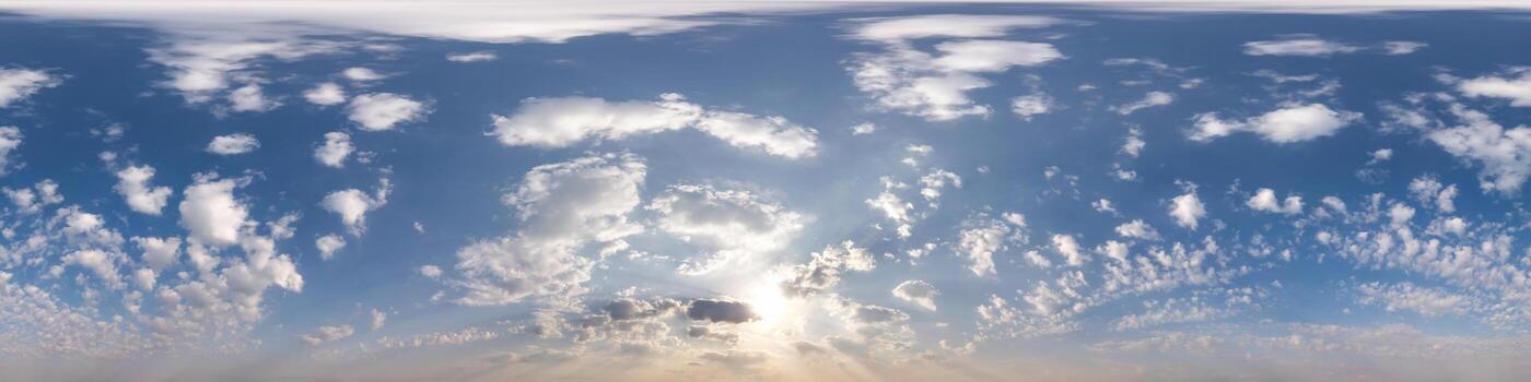 clear blue sky with white beautiful clouds. Seamless hdri panorama 360 degrees angle view  with zenith for use in 3d graphics or game development as sky dome or edit drone shot photo