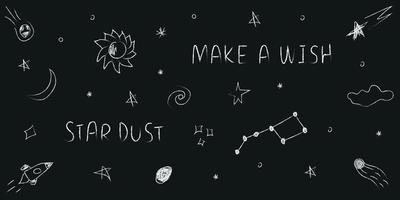 doodle cosmos ilustración ambientada en estilo infantil, clipart de diseño. elementos espaciales abstractos dibujados a mano con letras. en blanco y negro. vector